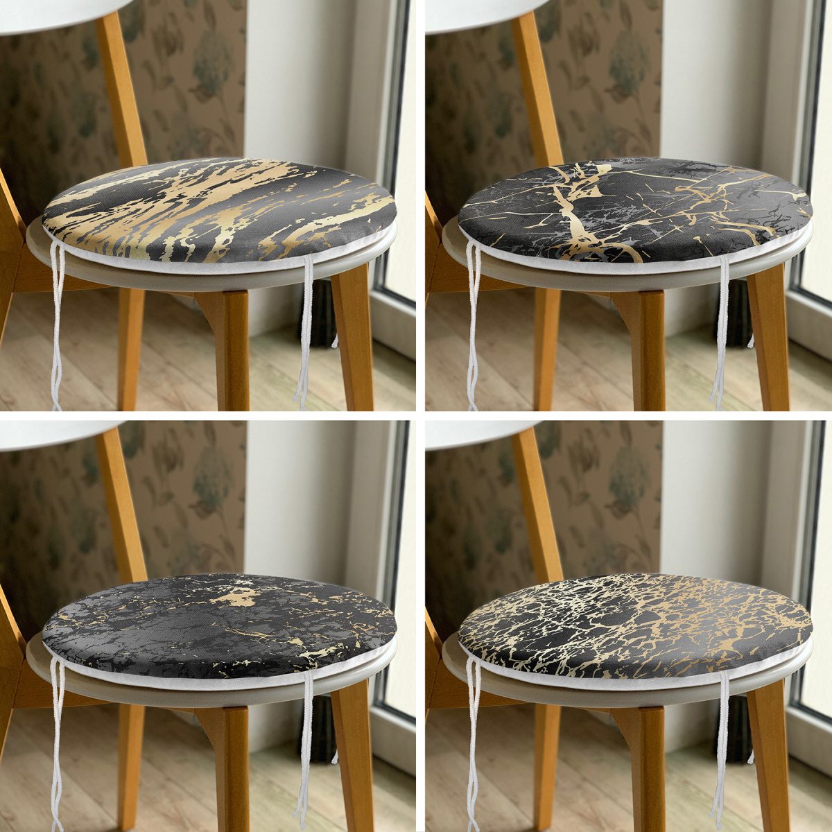 4'lü Renkli Zemin Üzerinde Gold Detaylı Mermer Desenli Modern Yuvarlak Fermuarlı Sandalye Minderi Seti Realhomes