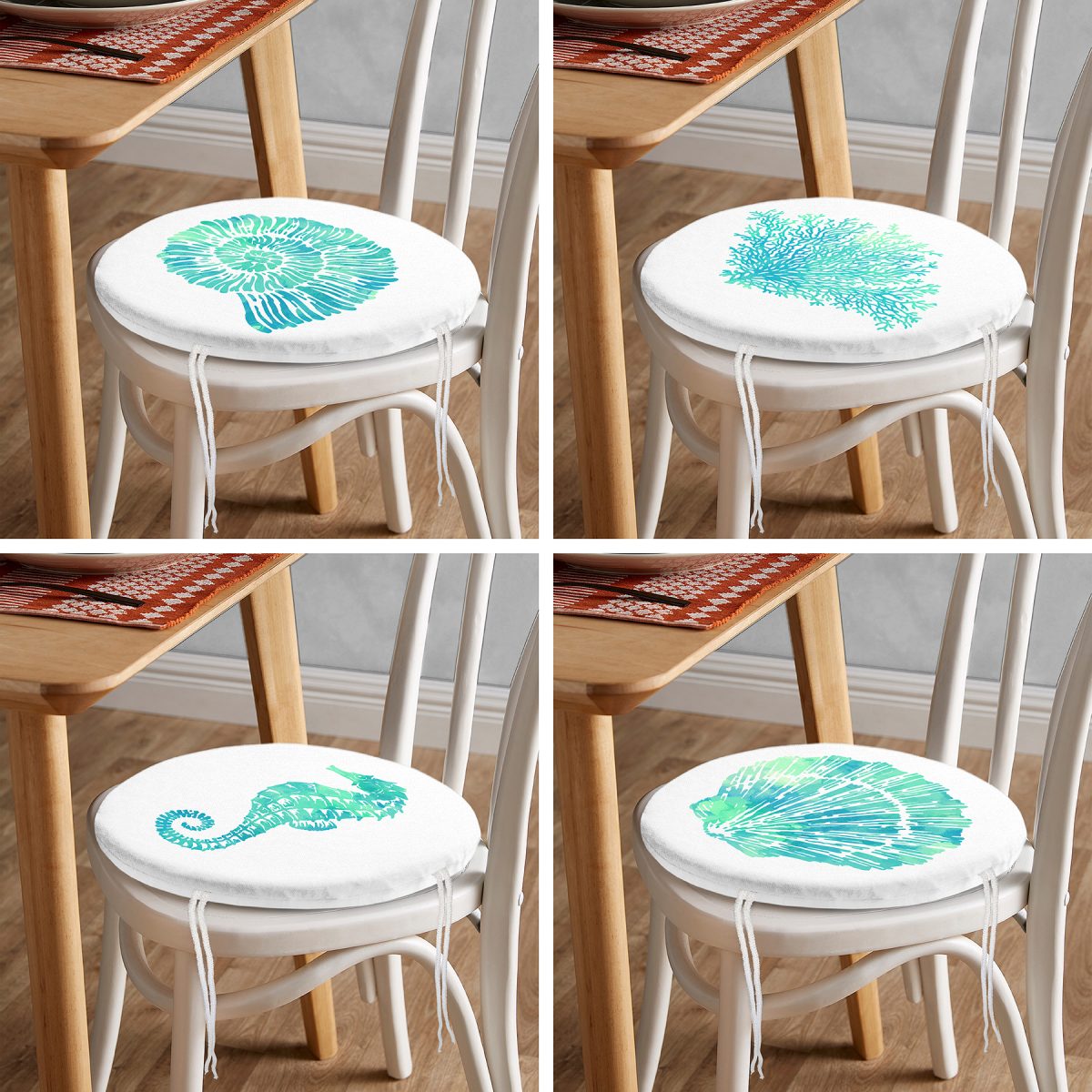 4'lü Beyaz Zemin Üzerinde Renkli Deniz Kabuğu Desenli Modern Yuvarlak Fermuarlı Sandalye Minderi Seti Realhomes