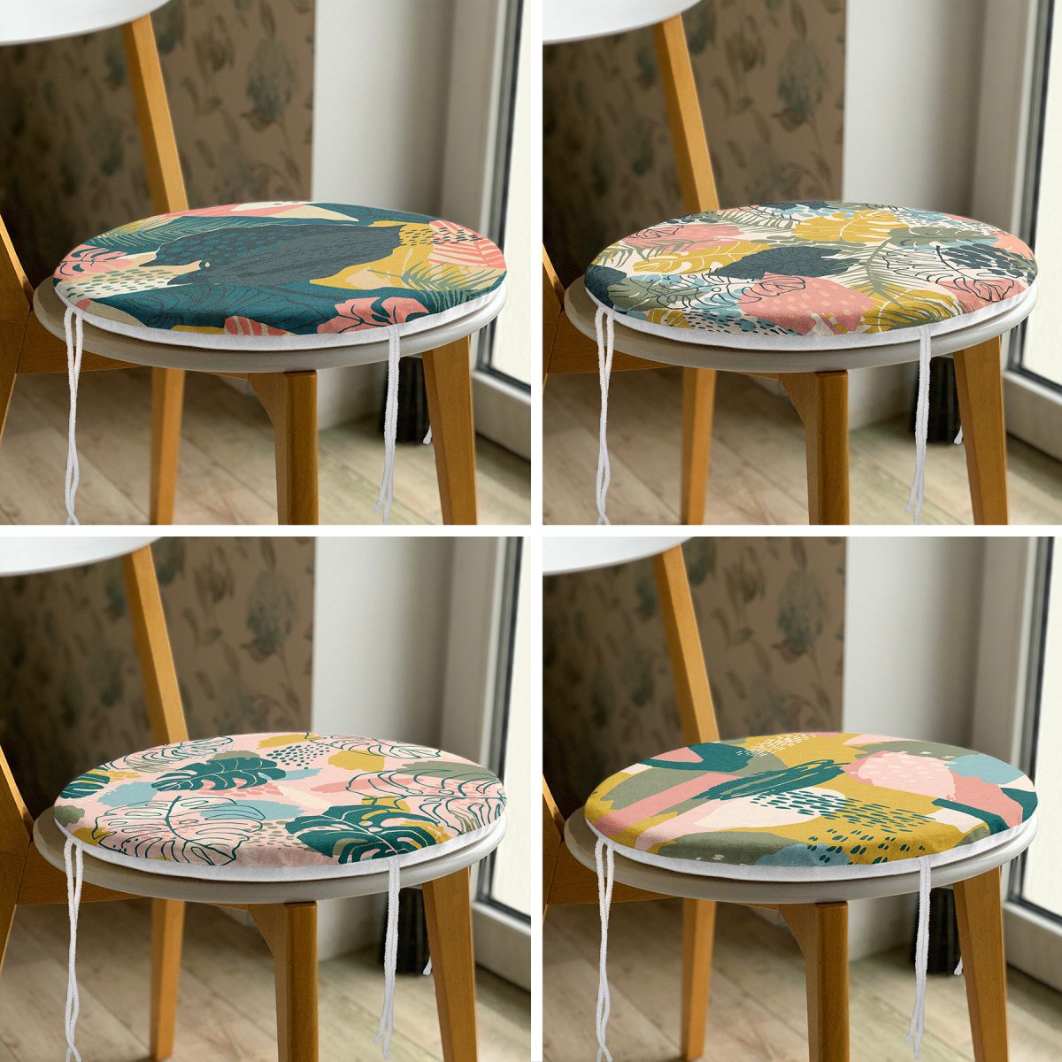4'lü Renkli Zemin Üzerinde Onedraw Çizimli Modern Yuvarlak Fermuarlı Sandalye Minderi Seti Realhomes