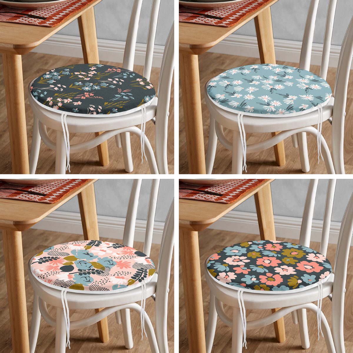 4'lü Renkli Zemin Üzerinde Çiçek Desenli Modern Yuvarlak Fermuarlı Sandalye Minderi Seti Realhomes