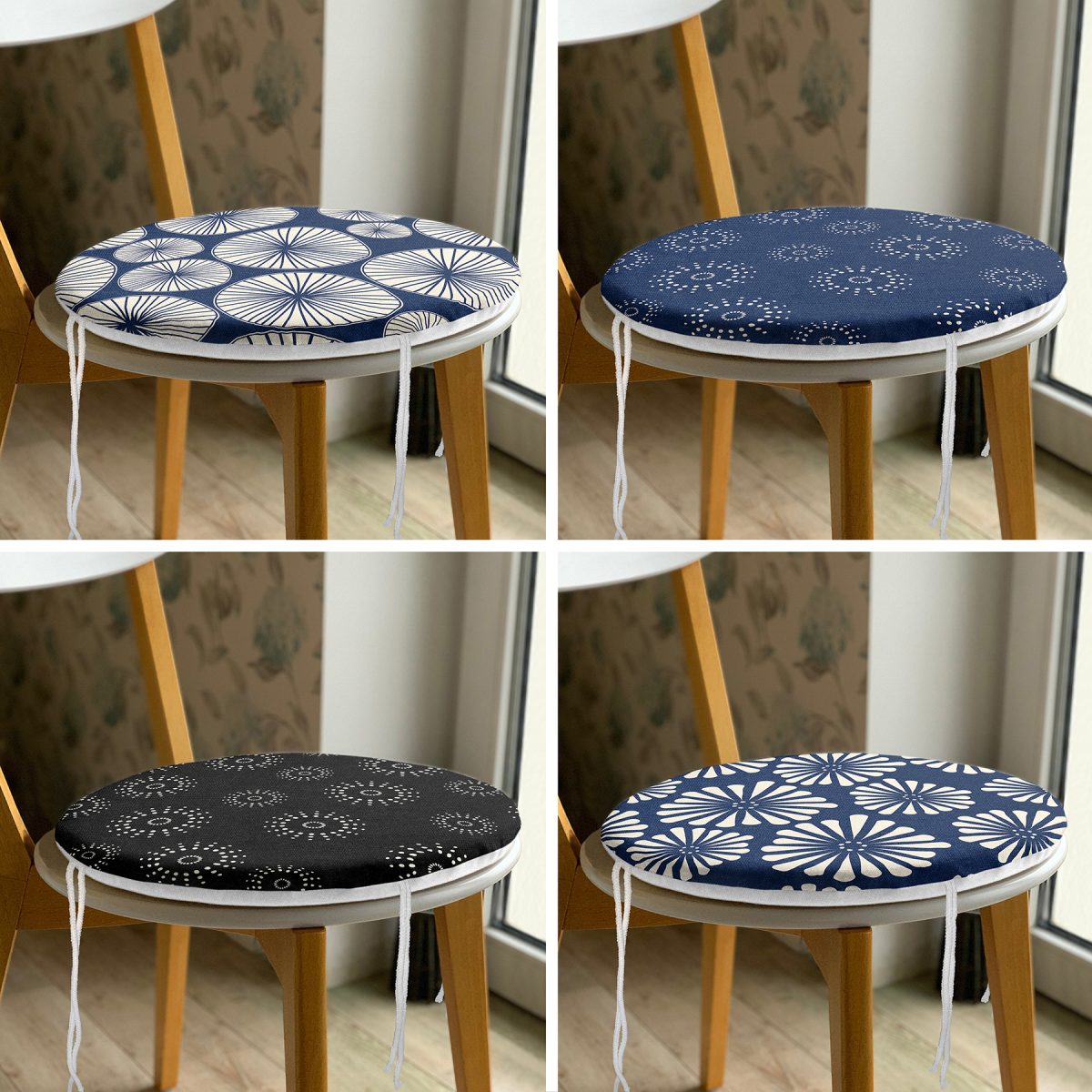 4'lü Renkli Zemin Üzerinde Geometrik Çizimli Modern Yuvarlak Fermuarlı Sandalye Minderi Seti Realhomes