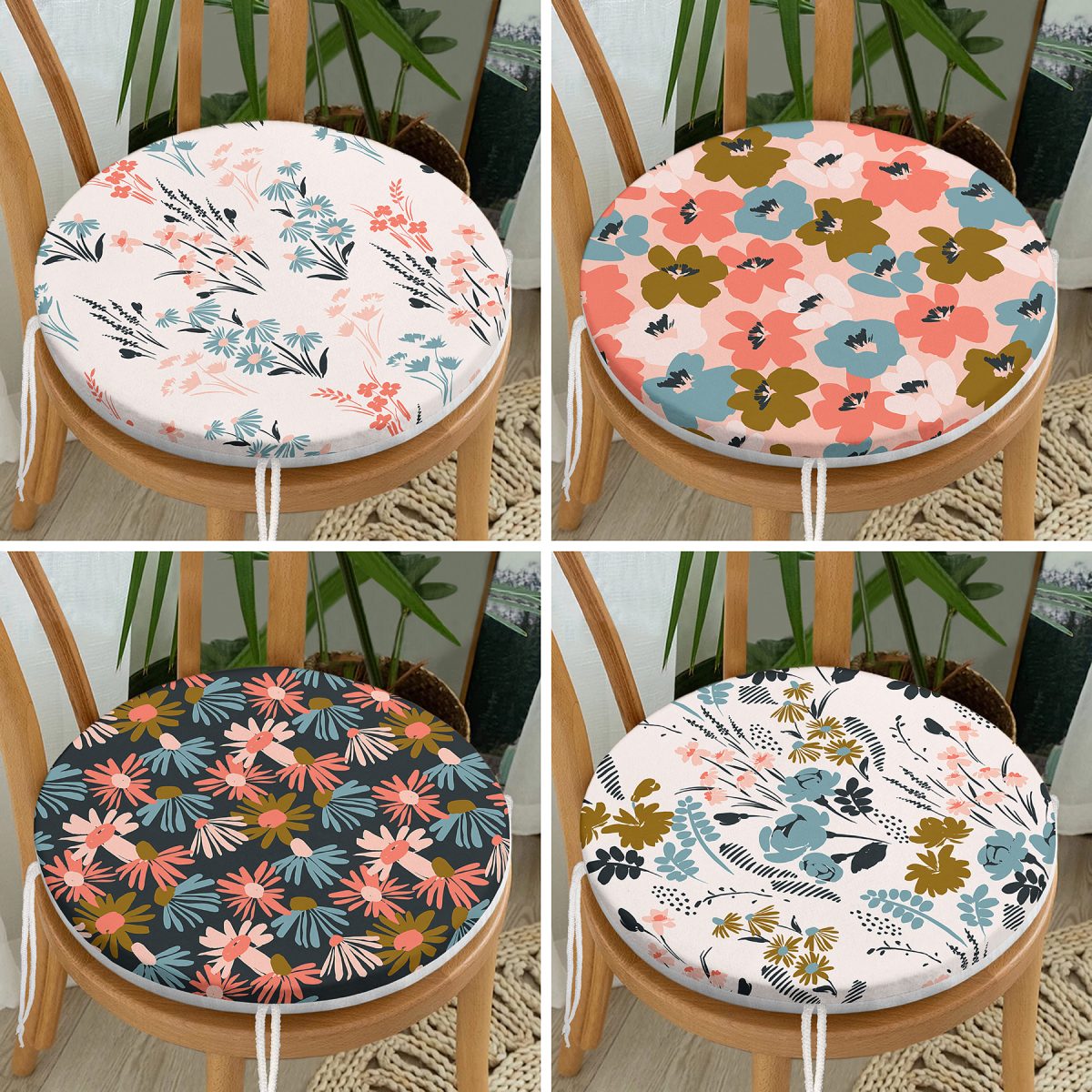 4'lü Renkli Zemin Üzerinde Çiçek Desenli Modern Yuvarlak Fermuarlı Sandalye Minderi Seti Realhomes