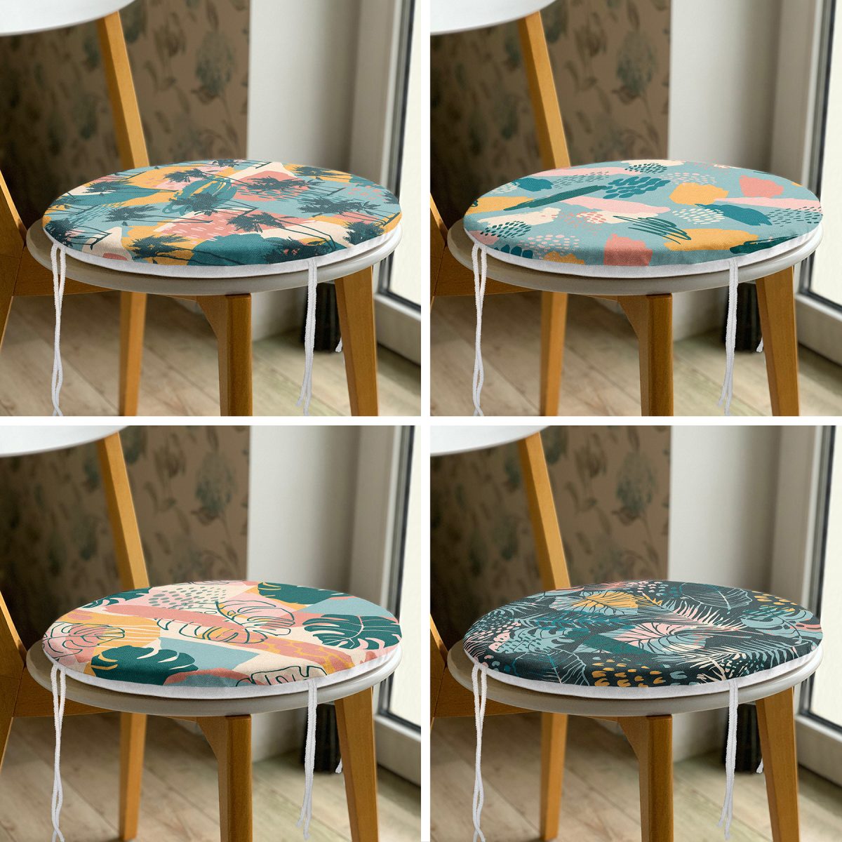 4'lü Renkli Zemin Üzerinde Onedraw Çizimli Modern Yuvarlak Fermuarlı Sandalye Minderi Seti Realhomes