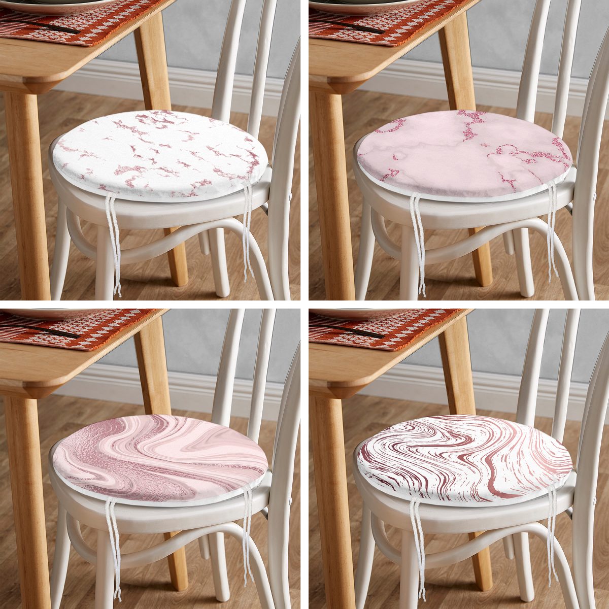 4'lü Renkli Zemin Üzerinde Soyut Desenli Modern Yuvarlak Fermuarlı Sandalye Minderi Seti Realhomes