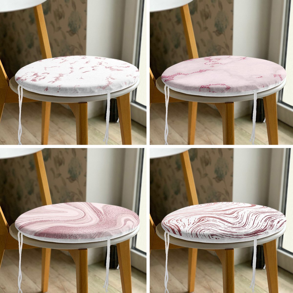 4'lü Renkli Zemin Üzerinde Soyut Desenli Modern Yuvarlak Fermuarlı Sandalye Minderi Seti Realhomes