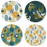 4'lü Renkli Zemin Üzerinde Yaprak Desenli Modern Yuvarlak Fermuarlı Sandalye Minderi Seti Realhomes