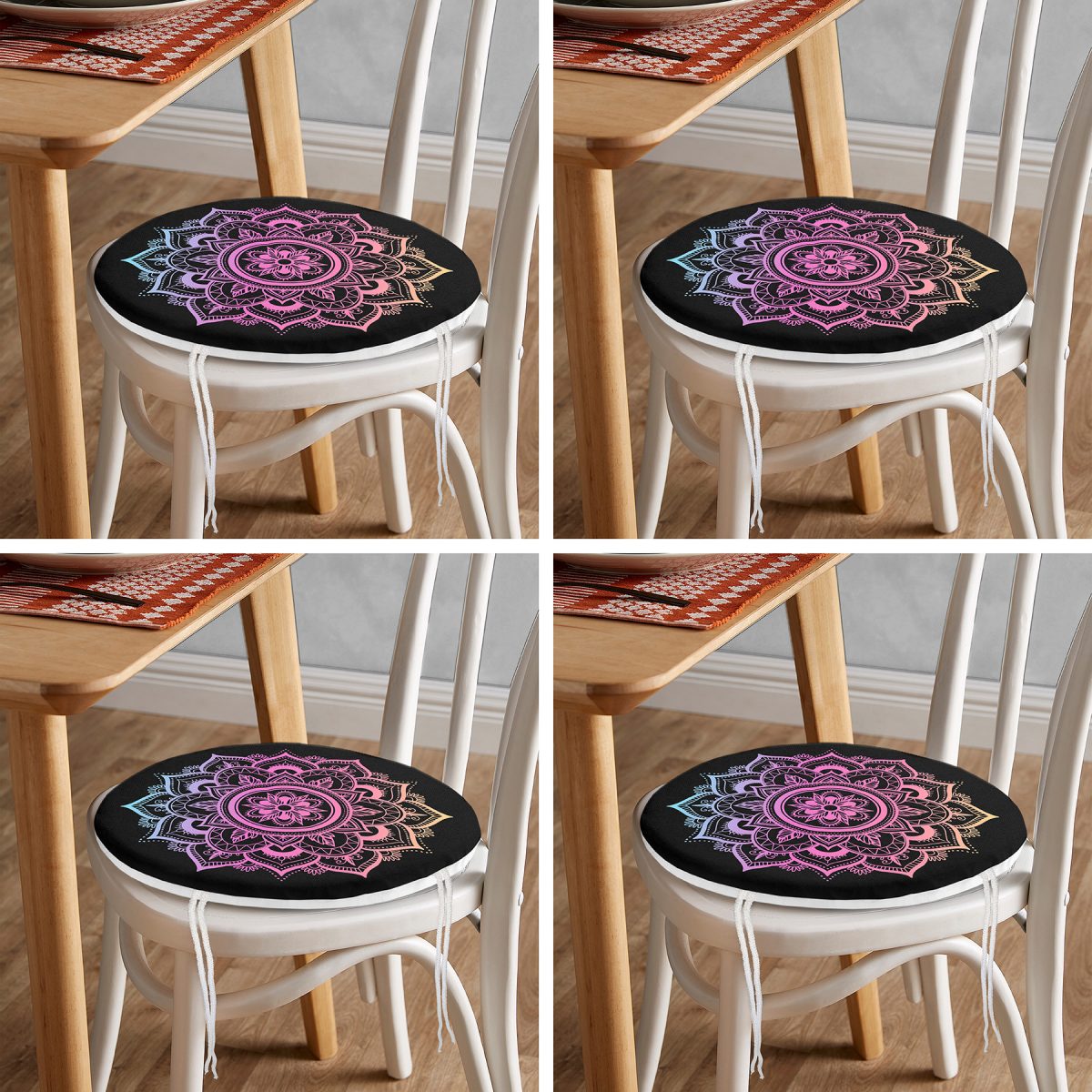 4'lü Neon Mandala Tasarım Dijital Baskılı Modern Yuvarlak Fermuarlı Sandalye Minderi Seti Realhomes