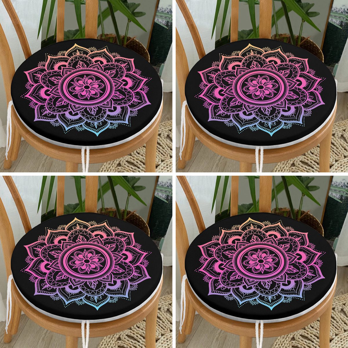 4'lü Neon Mandala Tasarım Dijital Baskılı Modern Yuvarlak Fermuarlı Sandalye Minderi Seti Realhomes