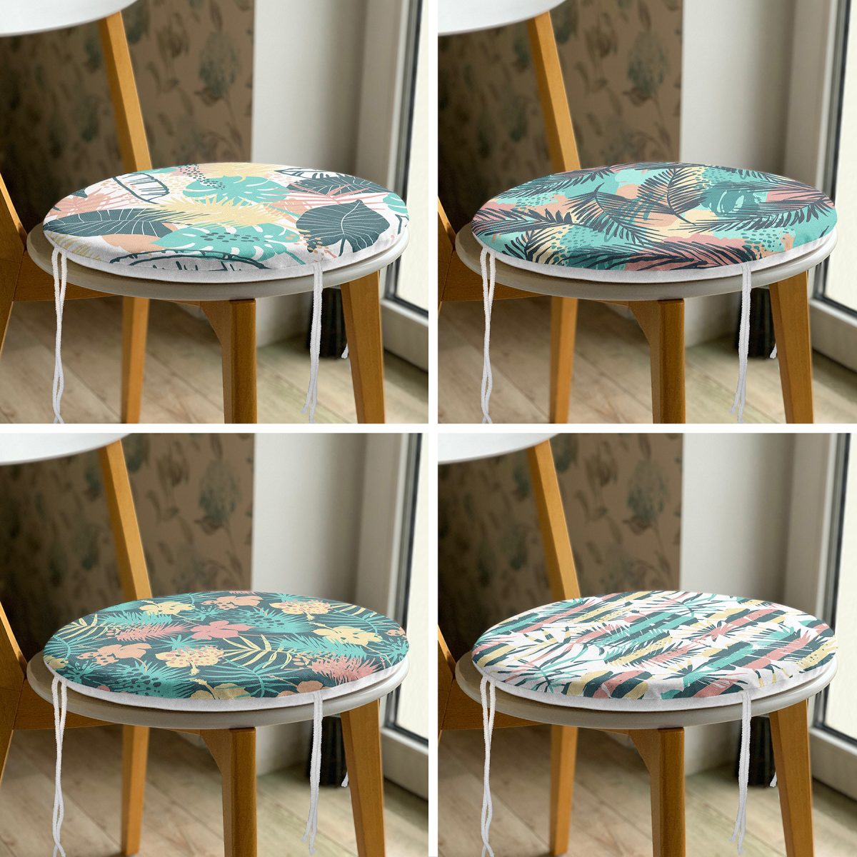4'lü Renkli Zemin Üzerinde Yaprak Desenli Modern Yuvarlak Fermuarlı Sandalye Minderi Seti Realhomes