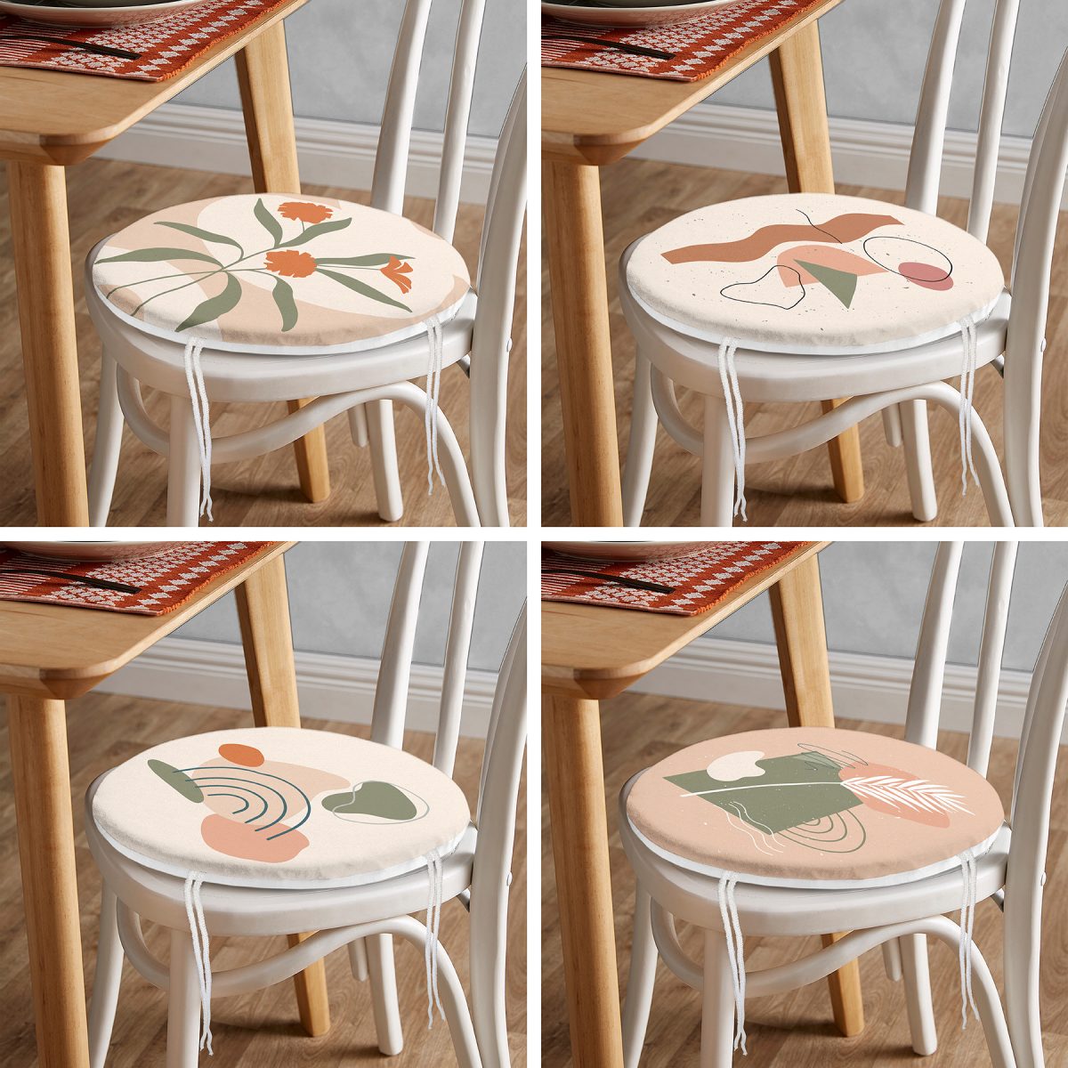 4'lü Renkli Zemin Üzerinde Onedraw Çizimli Yaprak Desenli Modern Yuvarlak Fermuarlı Sandalye Minderi Seti Realhomes