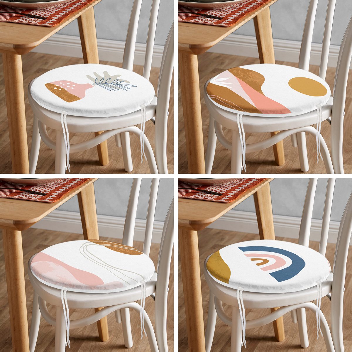 4'lü Beyaz Zemin Üzerinde Onedraw Çizimli Modern Yuvarlak Fermuarlı Sandalye Minderi Seti Realhomes