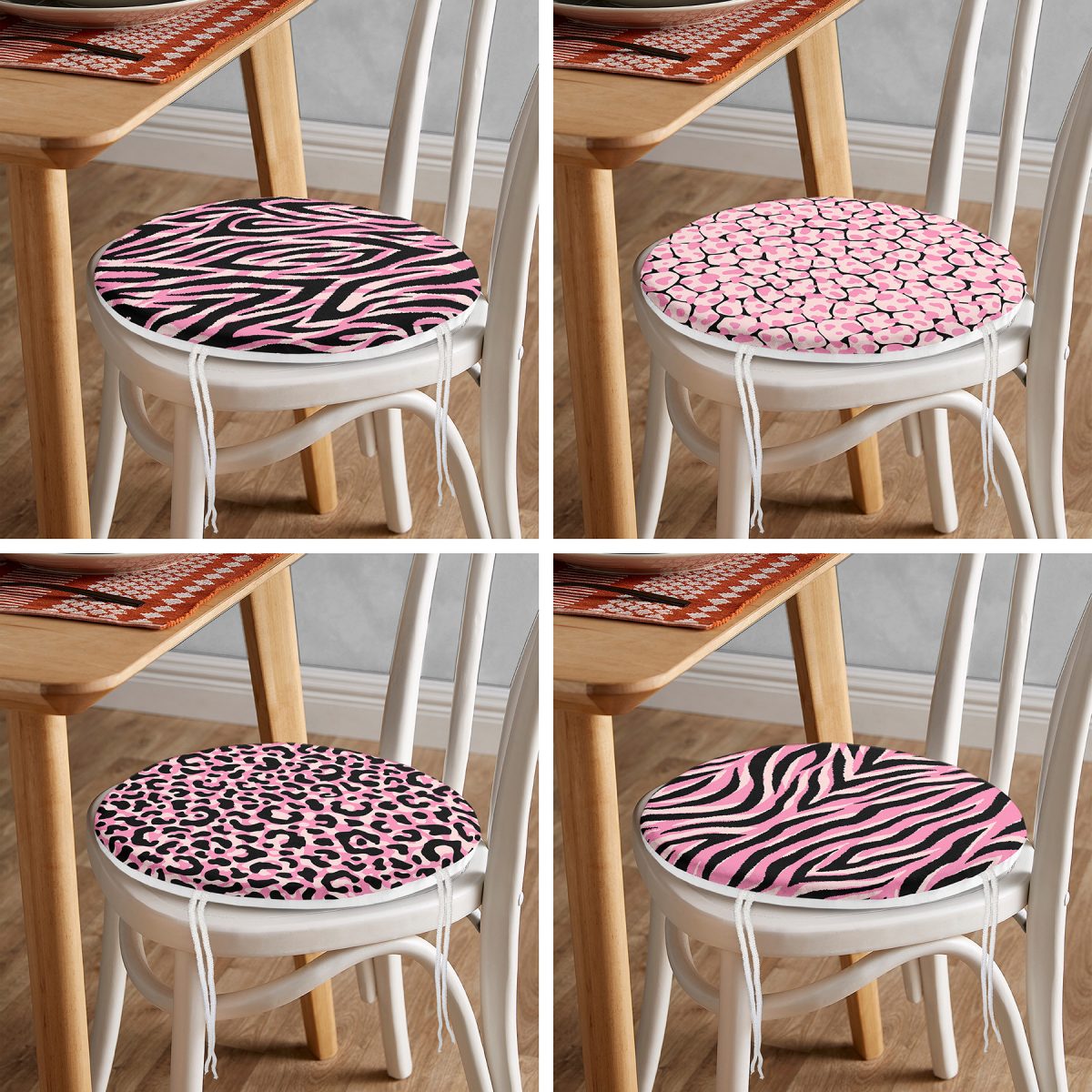 4'lü Renkli Zemin Üzerinde Zebra Desenli Modern Yuvarlak Fermuarlı Sandalye Minderi Seti Realhomes
