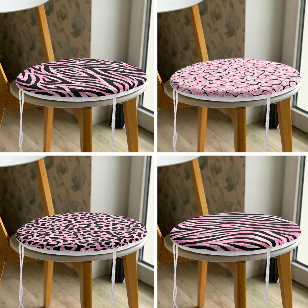4'lü Renkli Zemin Üzerinde Zebra Desenli Modern Yuvarlak Fermuarlı Sandalye Minderi Seti Realhomes