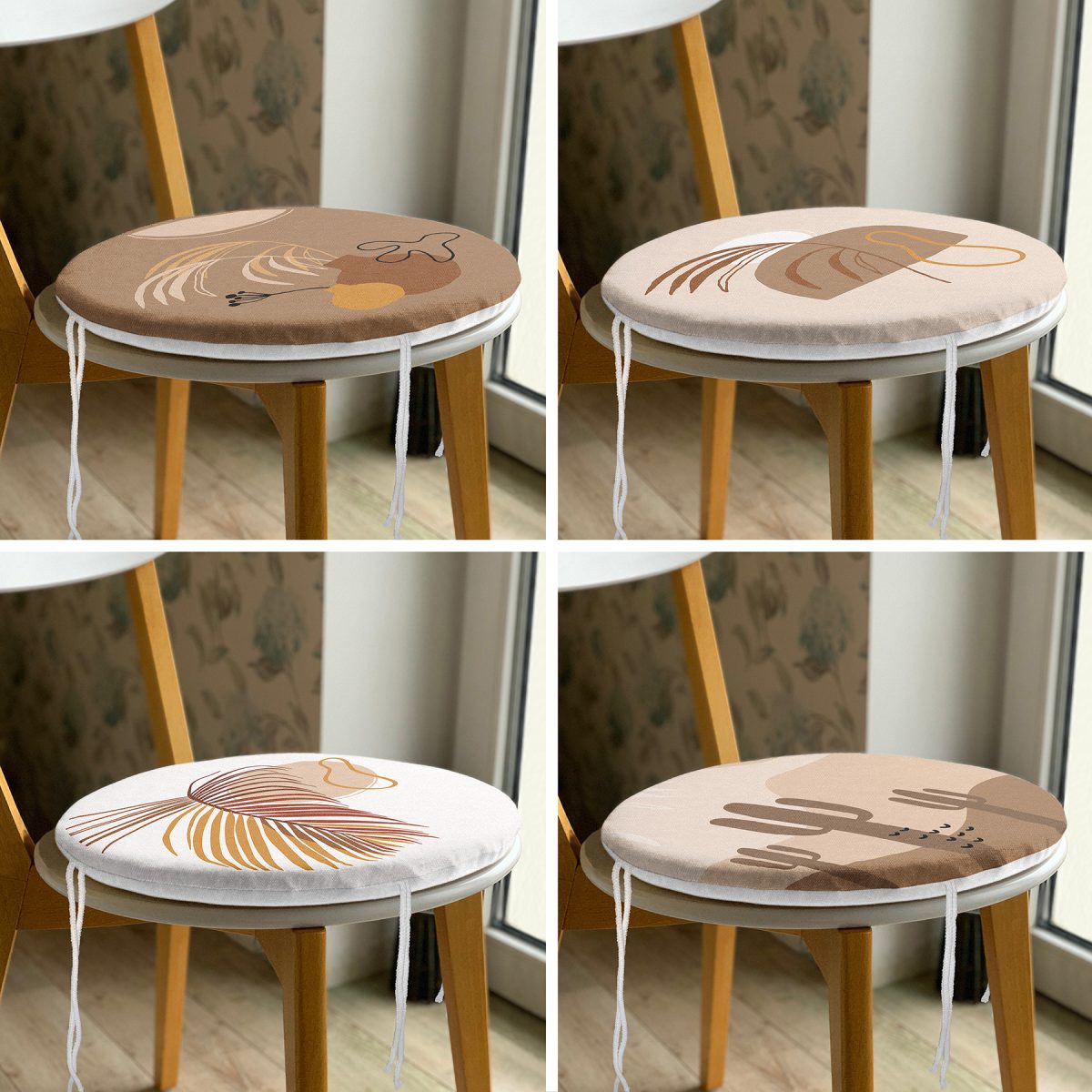 4'lü Renkli Zemin Üzerinde Yaprak Desenli Modern Yuvarlak Fermuarlı Sandalye Minderi Seti Realhomes
