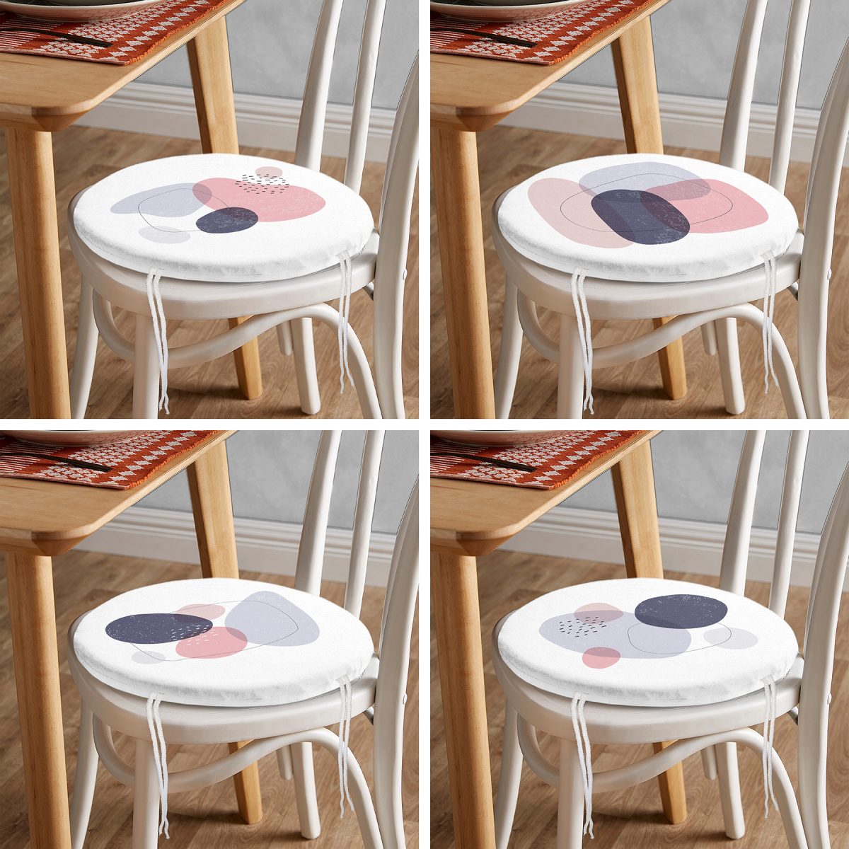 4'lü Beyaz Zemin Üzerinde Renkli Geometrik Desenli Modern Yuvarlak Fermuarlı Sandalye Minderi Seti Realhomes