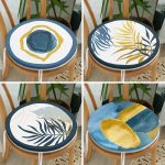 4'lü Renkli Zemin Üzerinde Gold Detaylı Yaprak Desenli Modern Yuvarlak Fermuarlı Sandalye Minderi Seti Realhomes