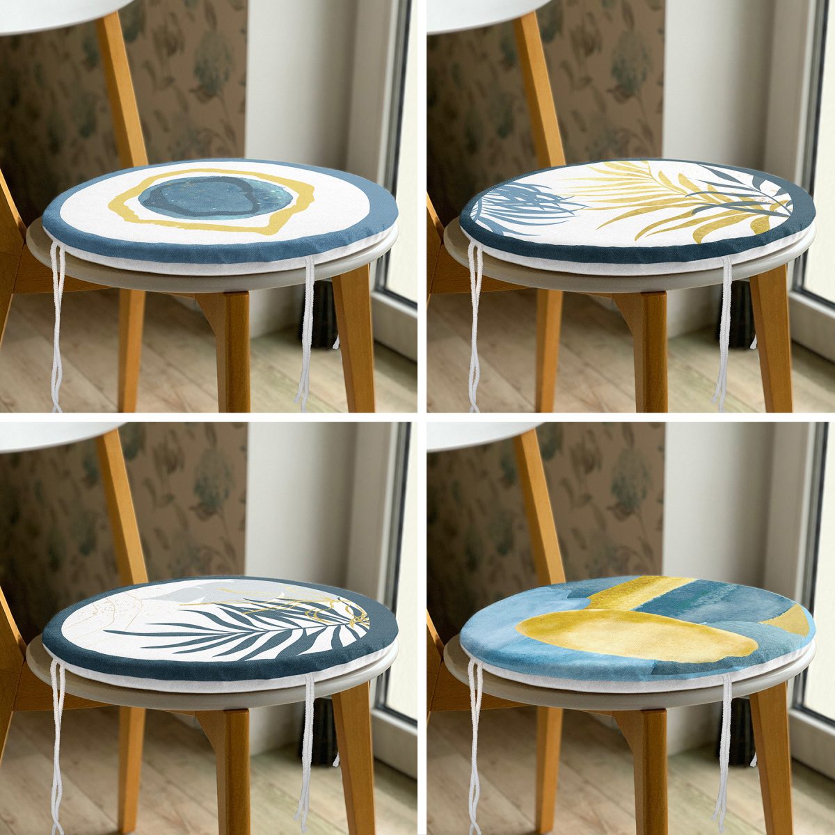 4'lü Renkli Zemin Üzerinde Gold Detaylı Yaprak Desenli Modern Yuvarlak Fermuarlı Sandalye Minderi Seti Realhomes