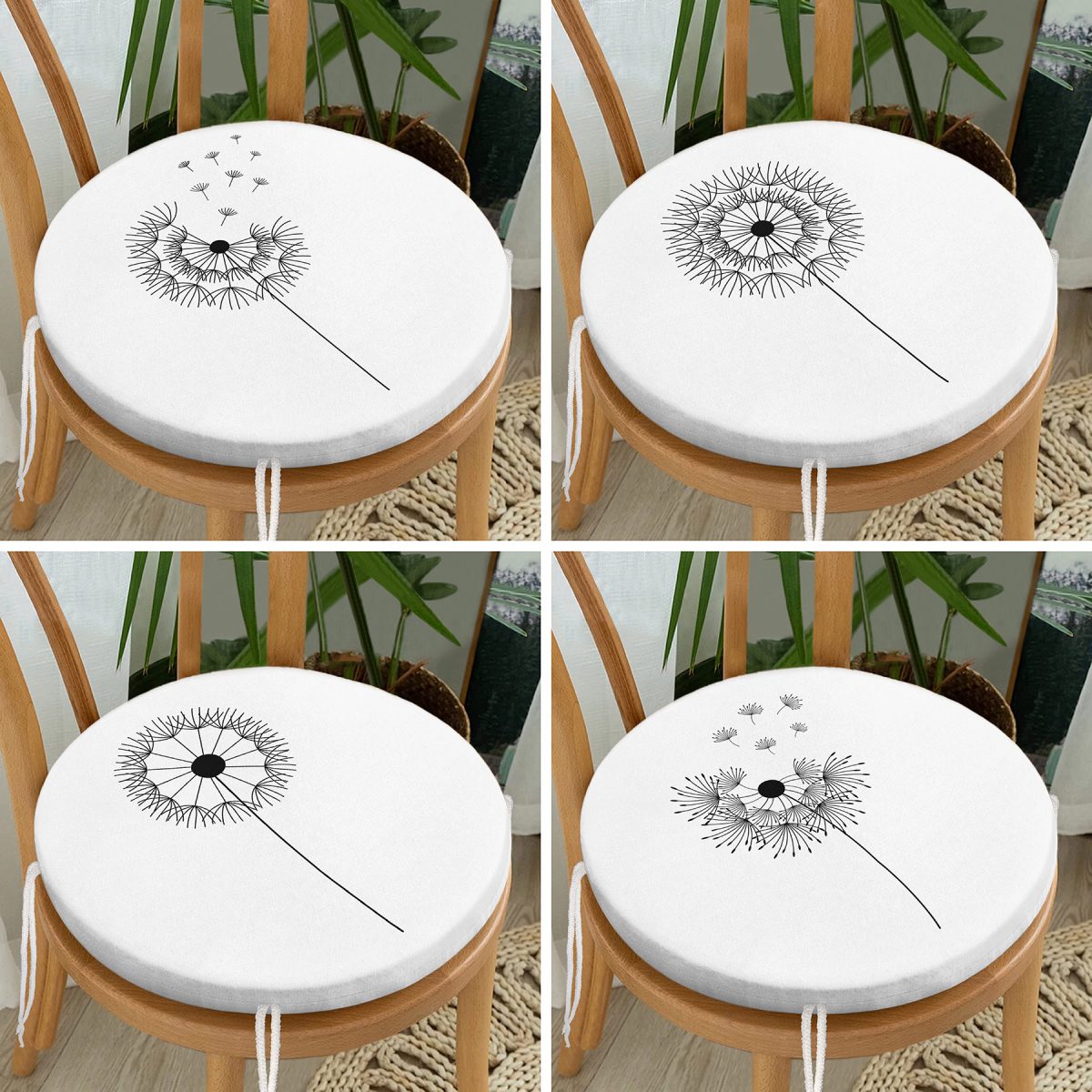 4'lü Beyaz Zemin Üzerinde Çiçek Desenli Modern Yuvarlak Fermuarlı Sandalye Minderi Seti Realhomes