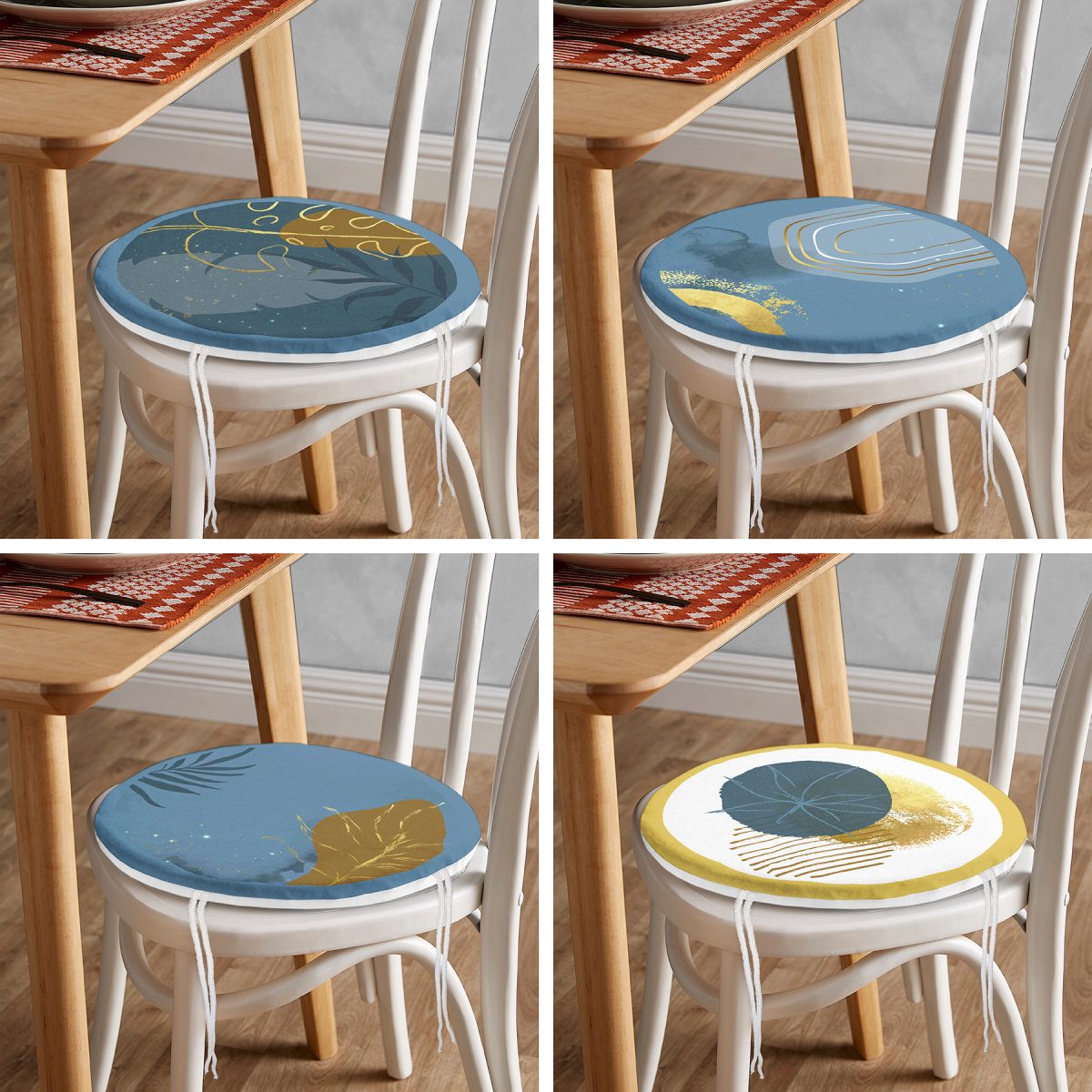 4'lü Renkli Zemin Üzerinde Gold Detaylı Yaprak Desenli Modern Yuvarlak Fermuarlı Sandalye Minderi Seti Realhomes