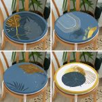 - RealHomes Yuvarlak Fermuarlı Sandalye Minderi - Realhomes  4'lü Renkli Zemin Üzerinde Gold Detaylı Yaprak Desenli Modern Yuvarlak Fermuarlı Sandalye Minderi Seti Realhomes