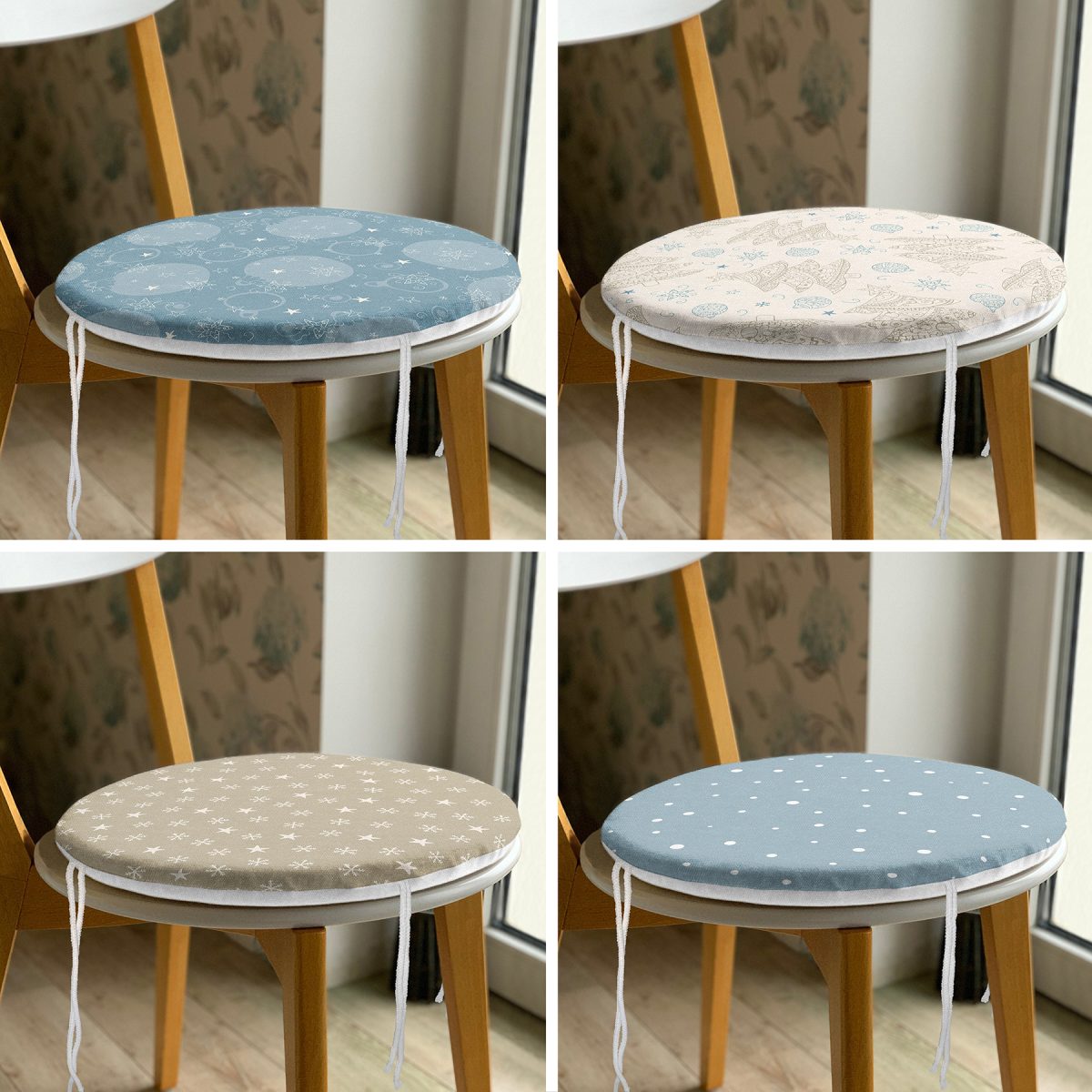 4'lü Renkli Zemin Üzerinde Geometrik Çizimli Modern Yuvarlak Fermuarlı Sandalye Minderi Seti Realhomes