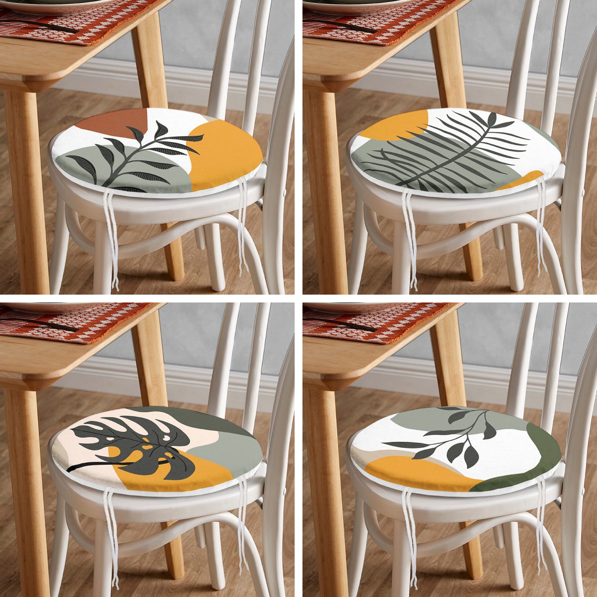 4'lü Beyaz Zemin Üzerinde Renkli Yaprak Desenli Modern Yuvarlak Fermuarlı Sandalye Minderi Seti Realhomes