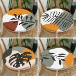 4'lü Beyaz Zemin Üzerinde Renkli Yaprak Desenli Modern Yuvarlak Fermuarlı Sandalye Minderi Seti Realhomes