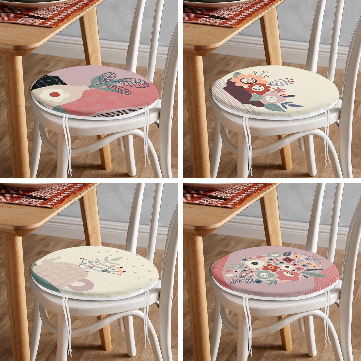 4'lü Renkli Zemin Üzerinde Onedraw Çizimli Vazo Desenli Modern Yuvarlak Fermuarlı Sandalye Minderi Seti Realhomes