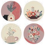 - RealHomes Yuvarlak Fermuarlı Sandalye Minderi - Realhomes  4'lü Renkli Zemin Üzerinde Onedraw Çizimli Vazo Desenli Modern Yuvarlak Fermuarlı Sandalye Minderi Seti Realhomes