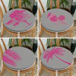4'lü Gri Zeminde Fuşya Ağaç Motifli Dekoratif Dijital Baskılı Yuvarlak Fermuarlı Sandalye Minderi Seti Realhomes