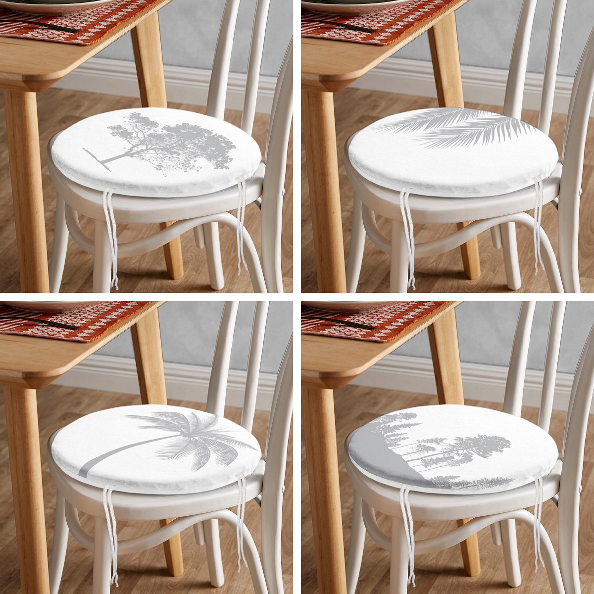 4'lü Beyaz Zeminde Gri Palmiye Ağaç Tasarımlı Modern Yuvarlak Fermuarlı Sandalye Minderi Seti Realhomes