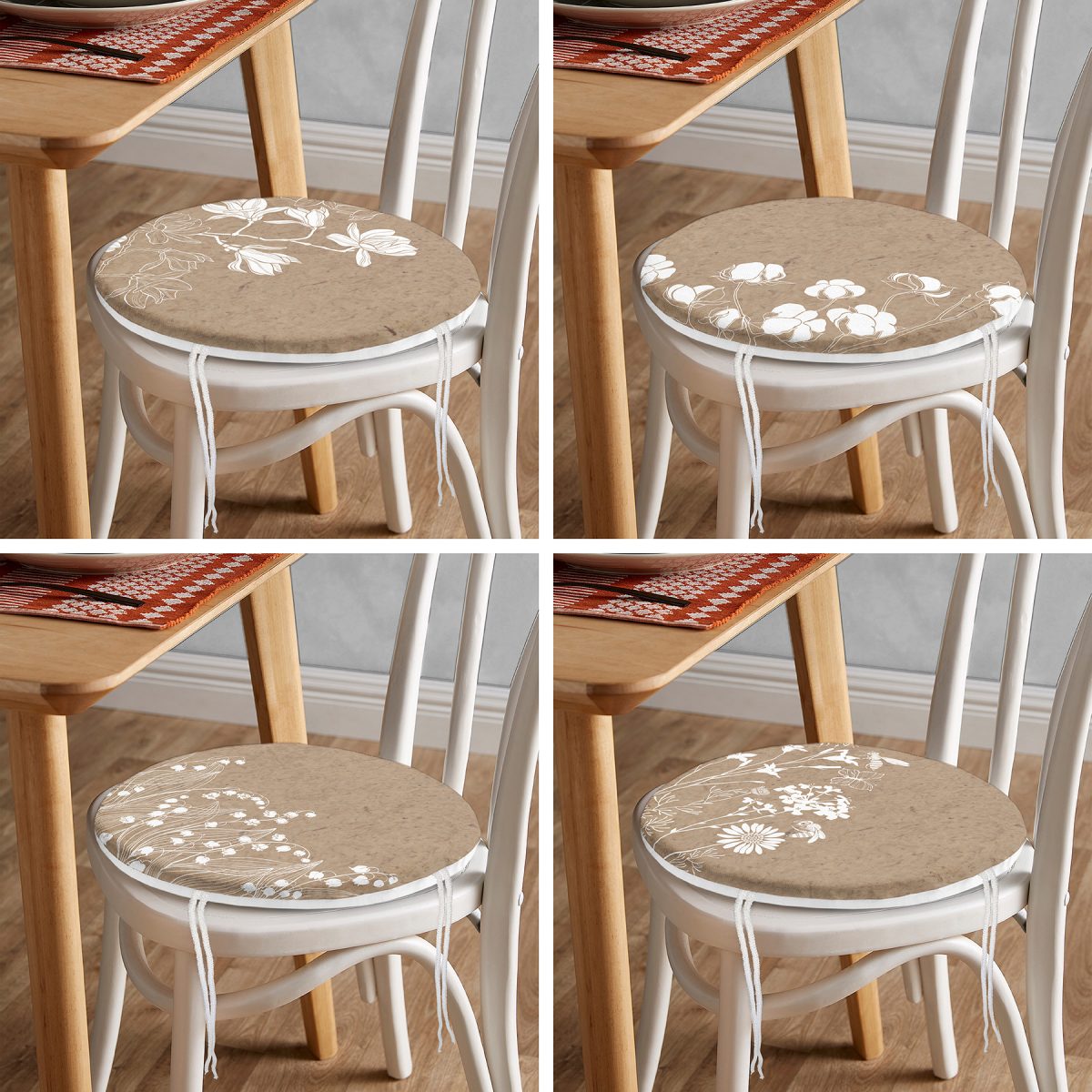 4'lü Renkli Zemin Üzerinde Beyaz Çiçek Desenli Modern Yuvarlak Fermuarlı Sandalye Minderi Seti Realhomes