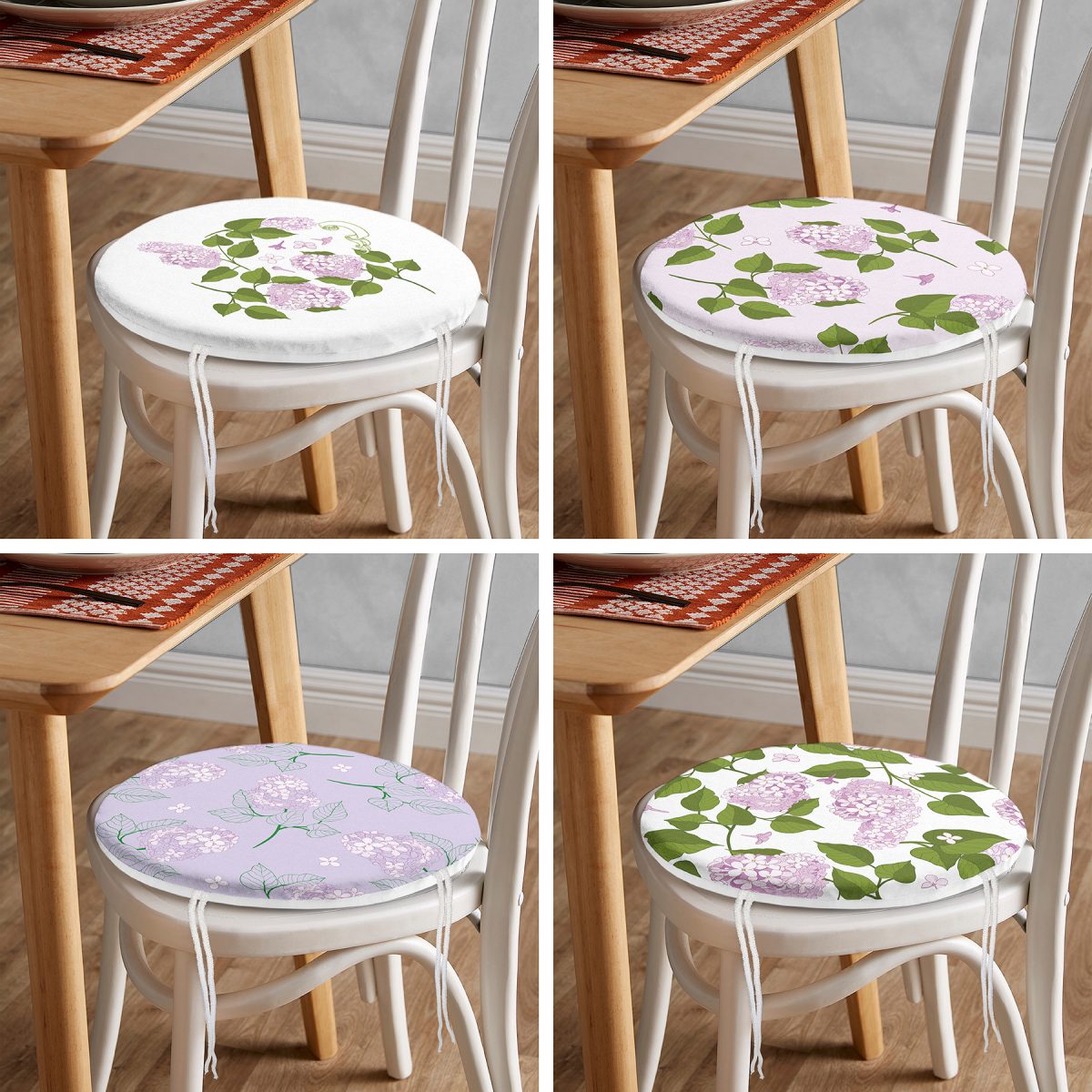 4'lü Renkli Zemin Üzerinde Ortanca Çiçeği Desenli Modern Yuvarlak Fermuarlı Sandalye Minderi Seti Realhomes