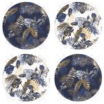 4'lü Renkli Zemin Üzerinde Gold Detaylı Yaprak Desenli Modern Yuvarlak Fermuarlı Sandalye Minderi Seti Realhomes