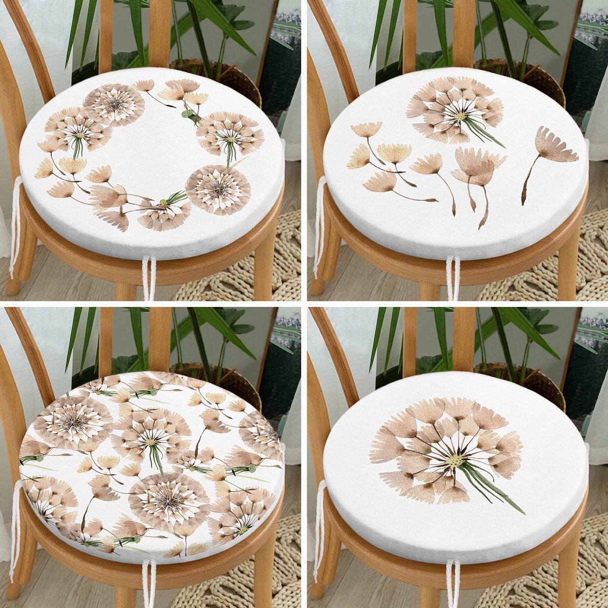 4'lü Beyaz Zemin Üzerinde Çiçek Desenli Modern Yuvarlak Fermuarlı Sandalye Minderi Seti Realhomes