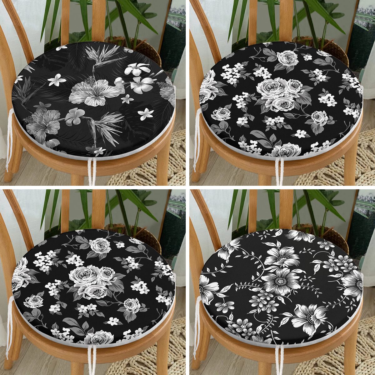 4'lü Siyah Zemin Üzerinde Çiçek Desenli Modern Yuvarlak Fermuarlı Sandalye Minderi Seti Realhomes