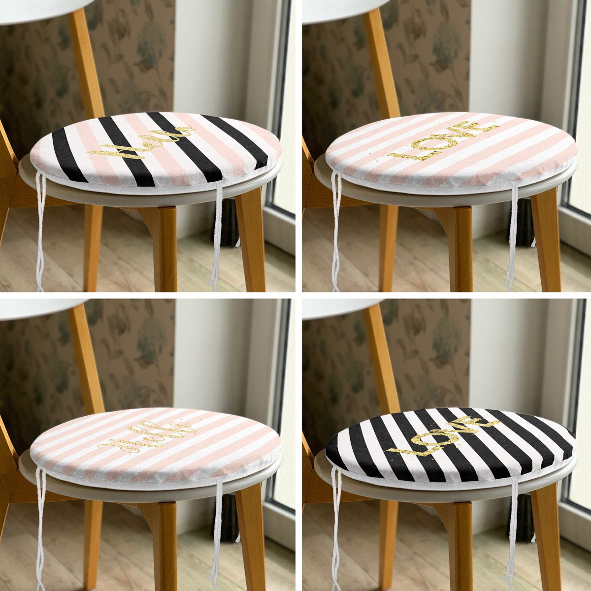 4'lü Beyaz Zemin Üzerinde Gold Detaylı Geometrik Desenli Modern Yuvarlak Fermuarlı Sandalye Minderi Seti Realhomes
