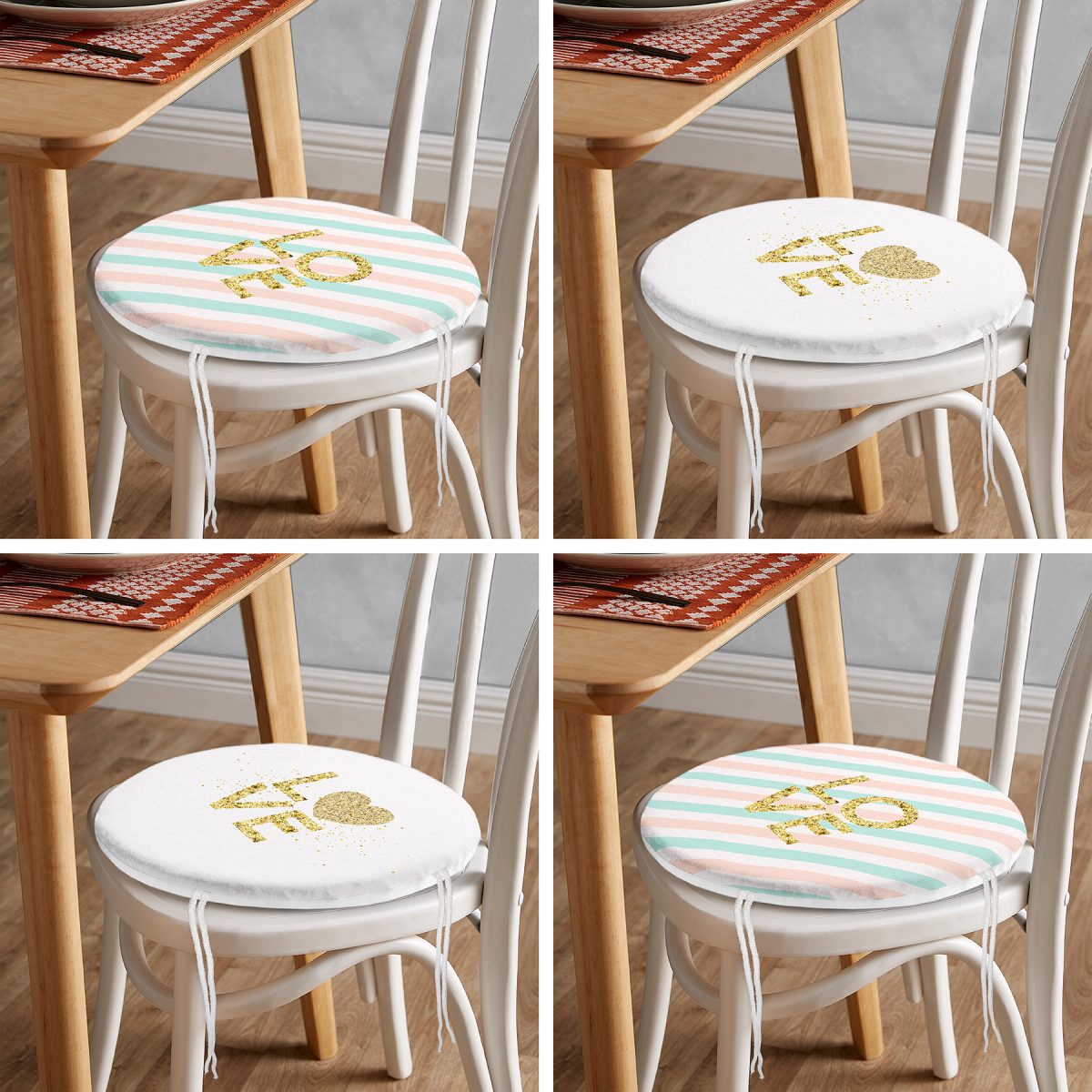 4'lü Beyaz Zemin Üzerinde Gold Detaylı Love Yazılı Modern Yuvarlak Fermuarlı Sandalye Minderi Seti Realhomes