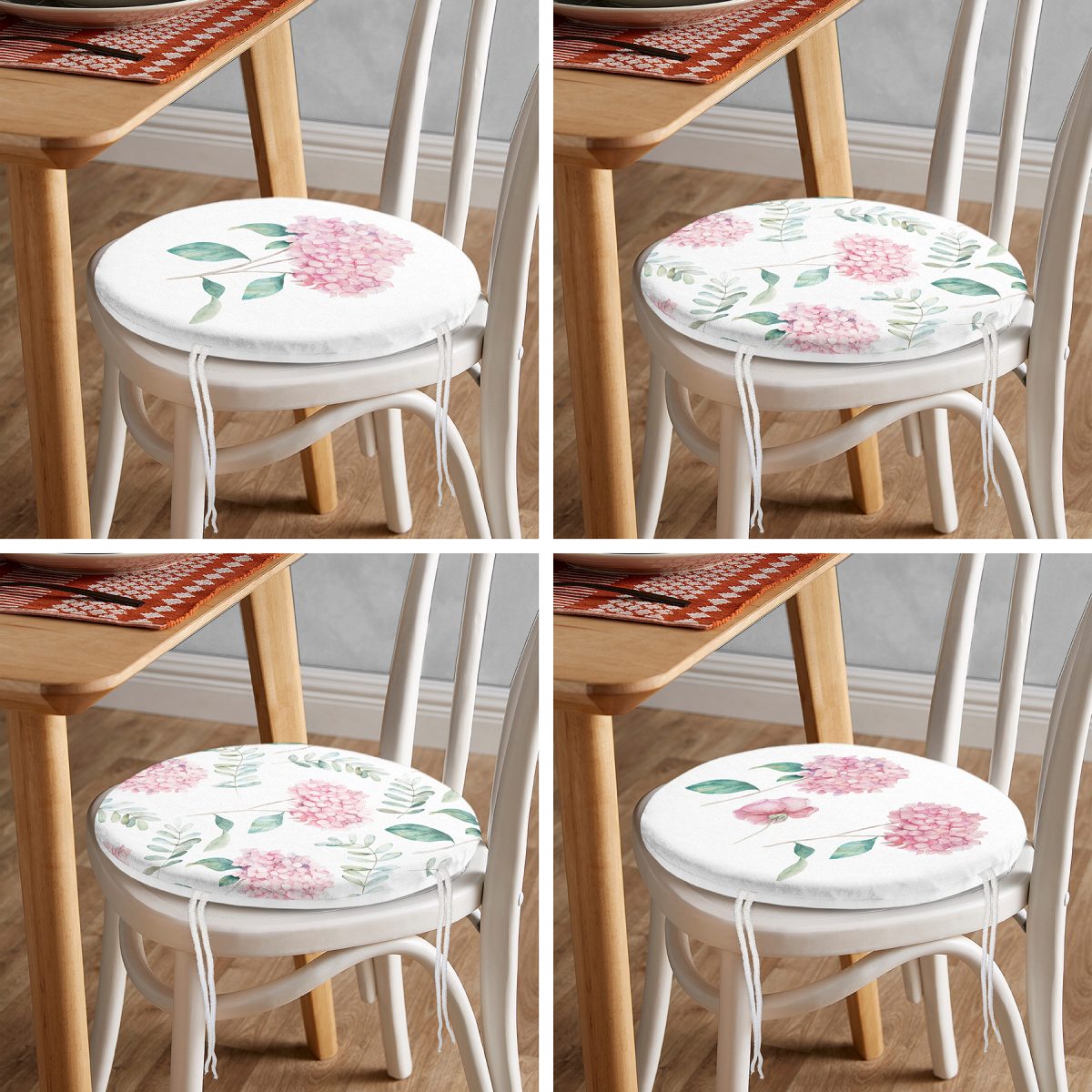 4'lü Beyaz Zemin Üzerinde Ortanca Çiçeği Desenli Modern Yuvarlak Fermuarlı Sandalye Minderi Seti Realhomes