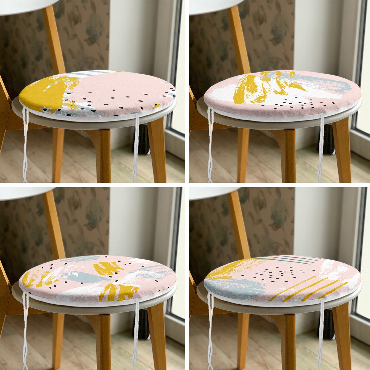 4'lü Sarı Ve Pembe Sulu Boya Fırça Darbeli Dekoratif Yuvarlak Fermuarlı Sandalye Minderi Seti Realhomes