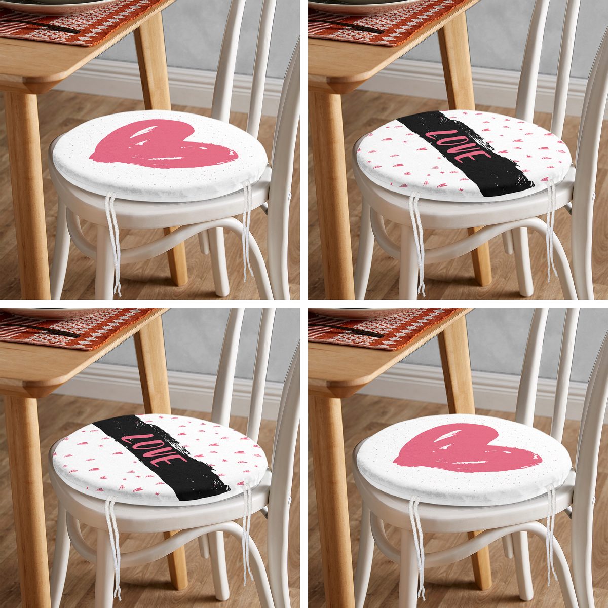 4'lü Sevgililer Günü Konseptli Özel Tasarım Modern Kombin Yuvarlak Fermuarlı Sandalye Minderi Seti Realhomes