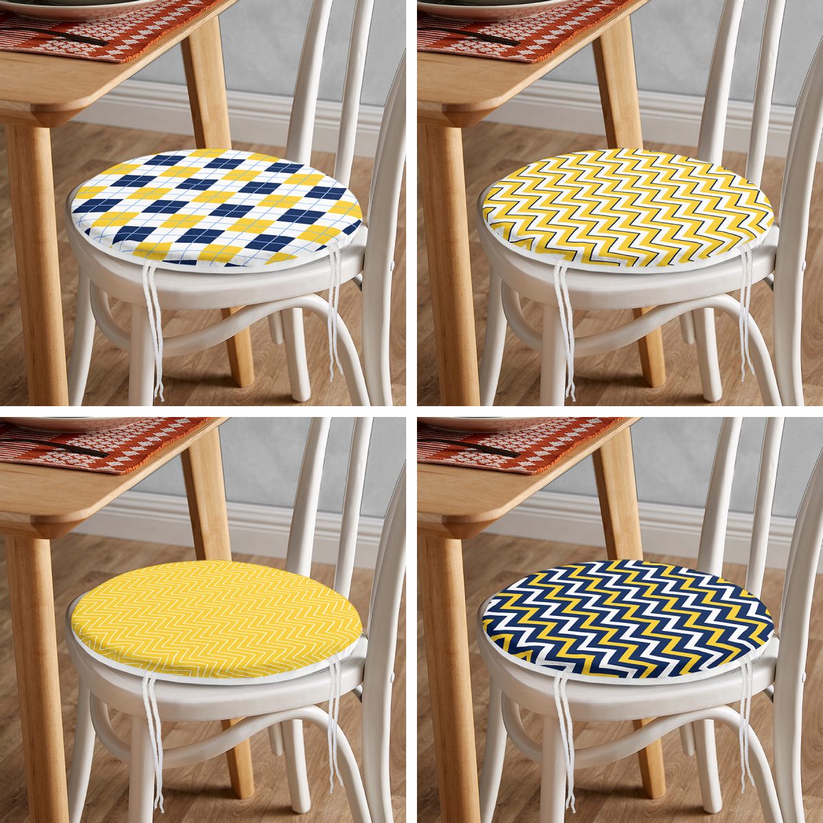4'lü Sarı Lacivert Zigzag Desenli Özel Tasarımlı Yastık Yuvarlak Fermuarlı Sandalye Minderi Seti Realhomes