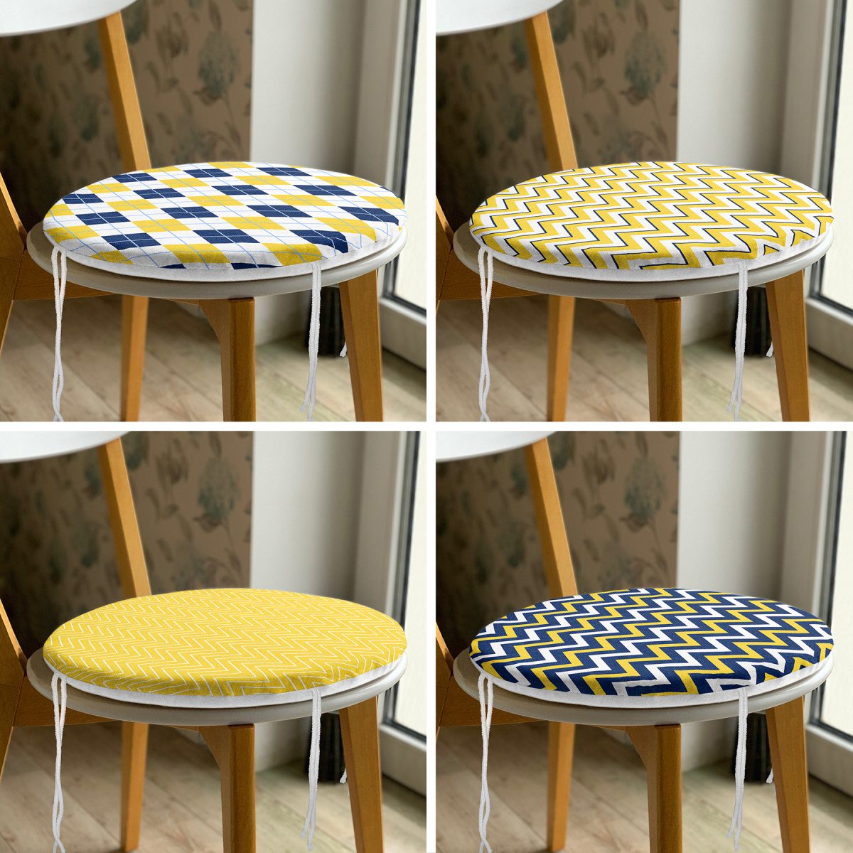 4'lü Sarı Lacivert Zigzag Desenli Özel Tasarımlı Yastık Yuvarlak Fermuarlı Sandalye Minderi Seti Realhomes
