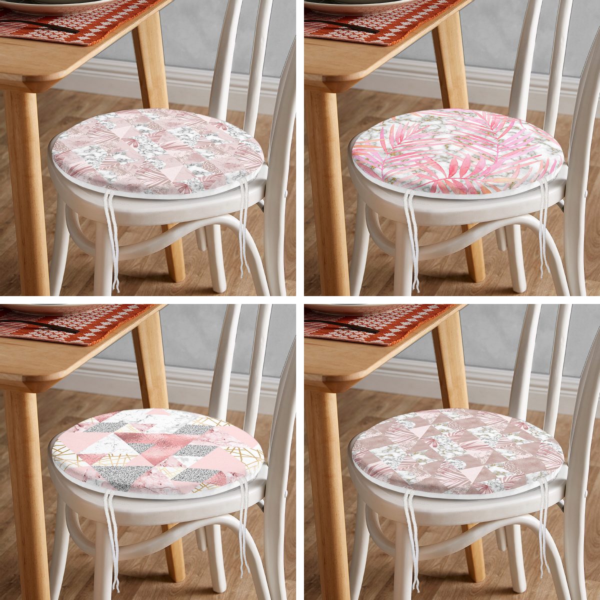 4'lü Geometrik Mermer Desenli Pembe Çiçek Motifli Dijital Baskılı Modern Yuvarlak Fermuarlı Sandalye Minderi Seti Realhomes
