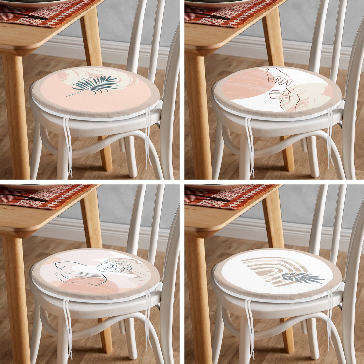 4'lü Bohem Tasarımlı Dijital Baskılı Yuvarlak Fermuarlı Sandalye Minderi Seti Realhomes