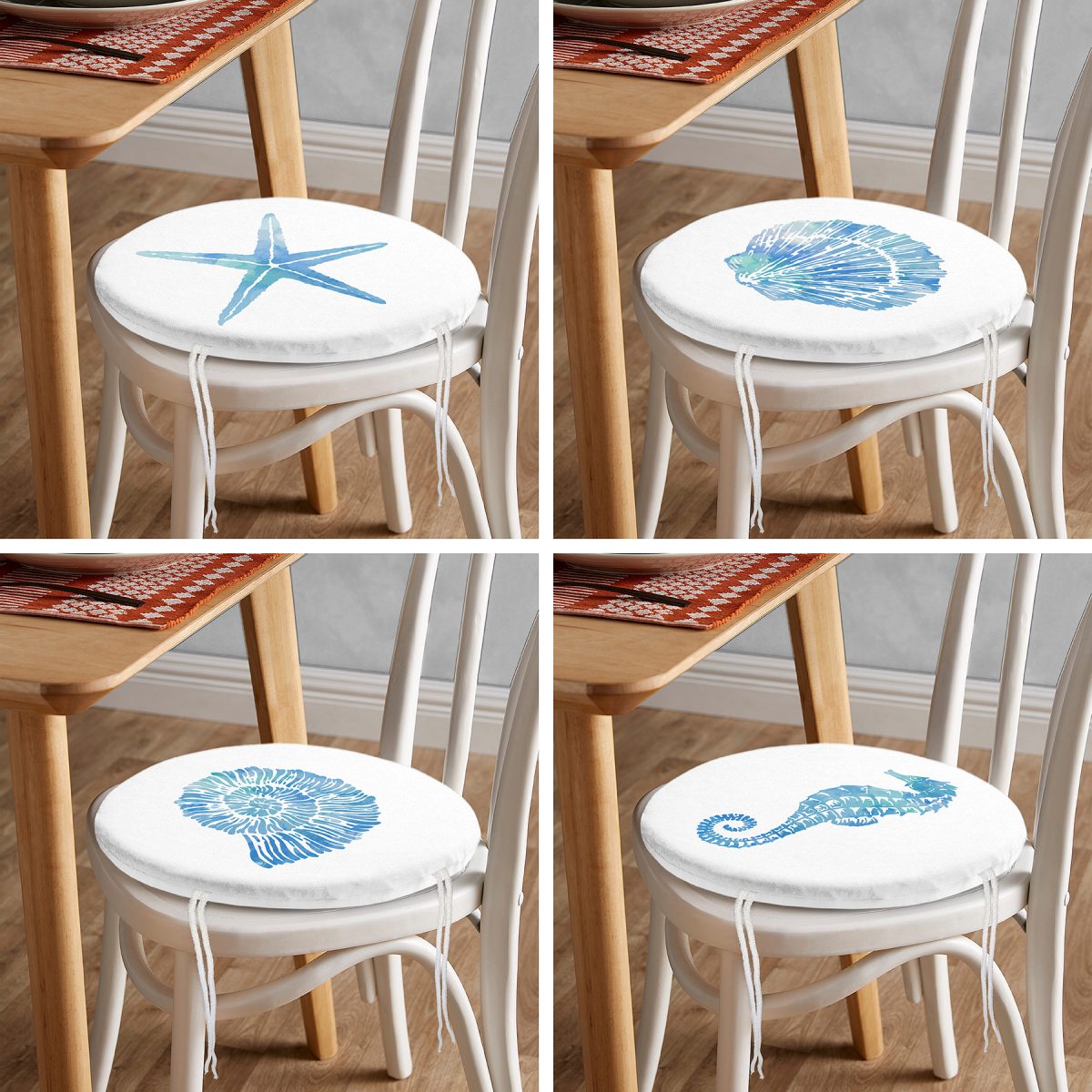 4'lü Deniz Canlıları Konseptli Dekoratif Yuvarlak Fermuarlı Sandalye Minderi Seti Realhomes