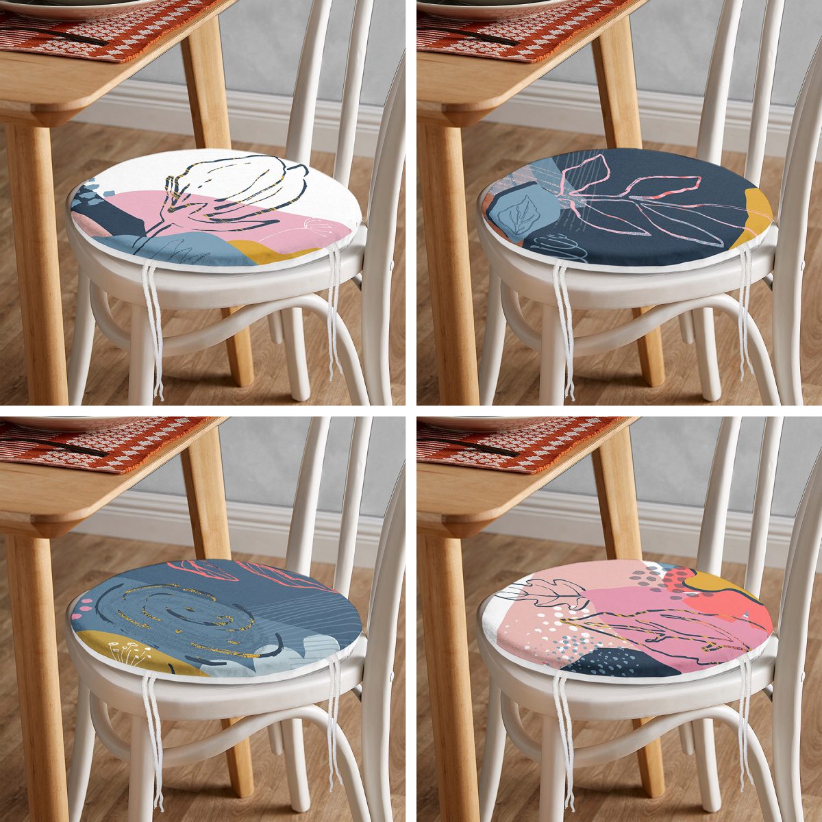 4'lü Renkli Bohem Yaprak Çizimli Özel Tasarım Yuvarlak Fermuarlı Sandalye Minderi Seti Realhomes