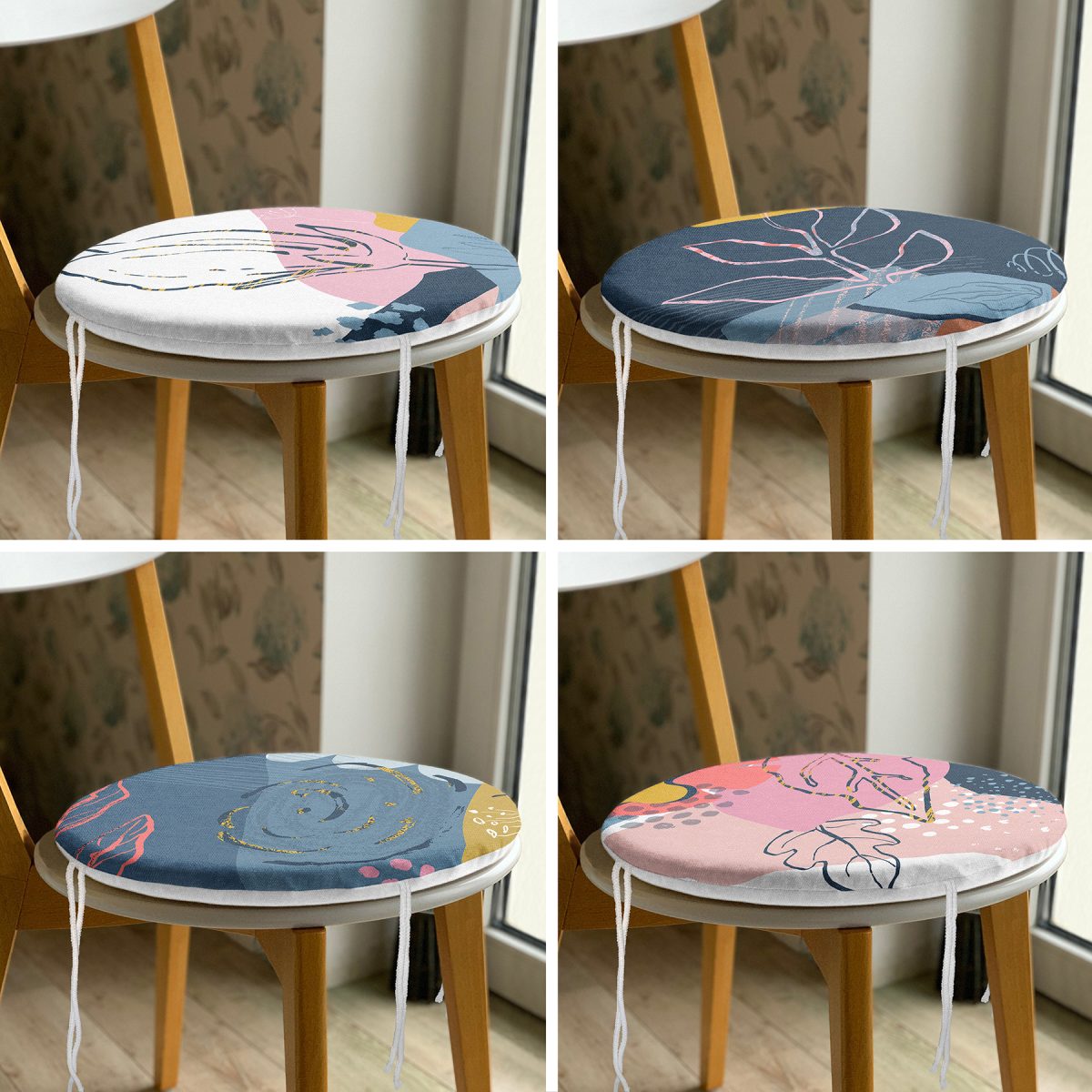 4'lü Renkli Bohem Yaprak Çizimli Özel Tasarım Yuvarlak Fermuarlı Sandalye Minderi Seti Realhomes