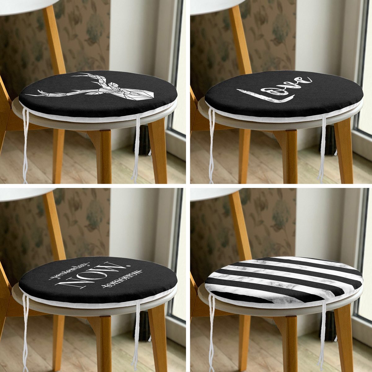 4'lü Siyah Zeminde Mermer Tasarımlı Yuvarlak Fermuarlı Sandalye Minderi Seti Realhomes