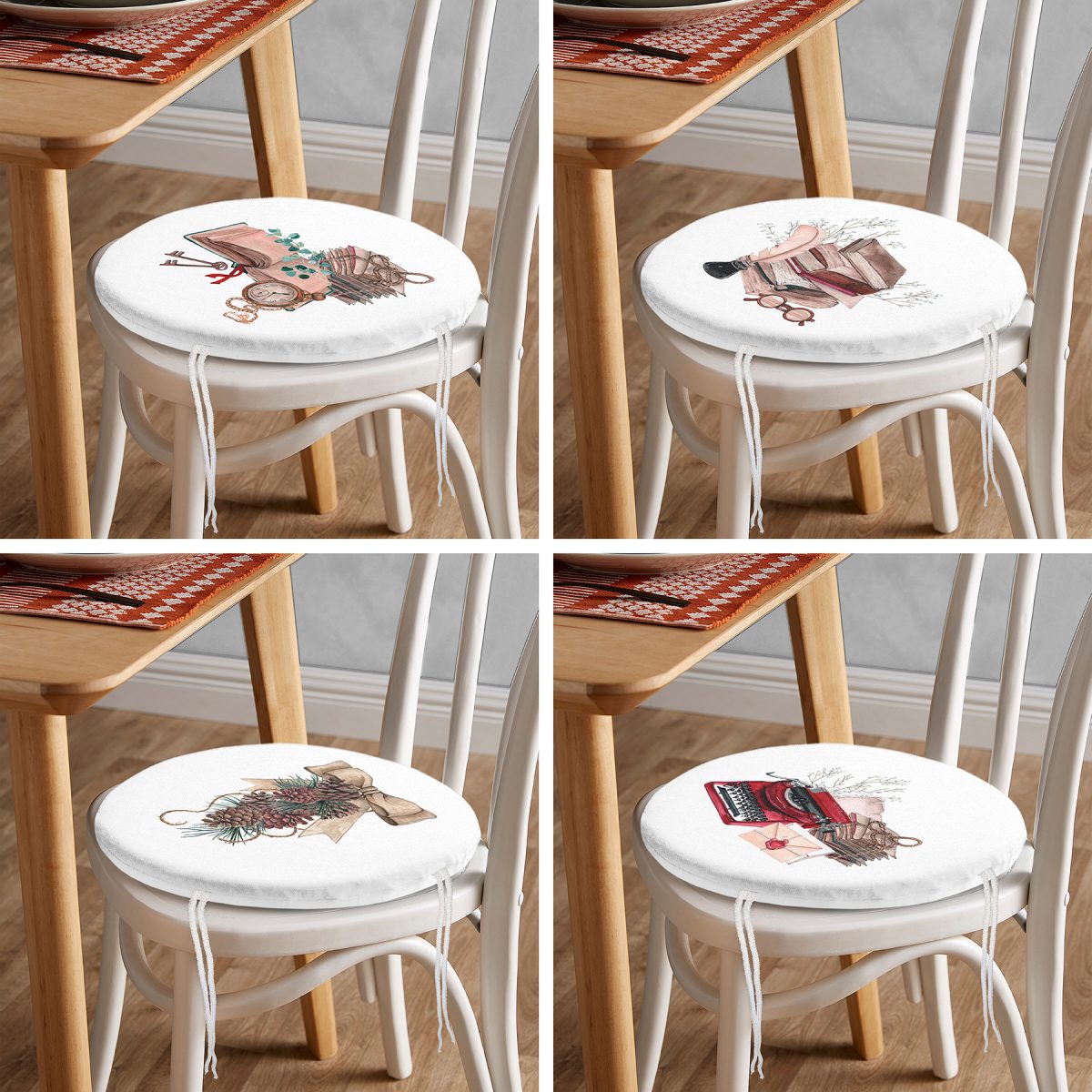 4'lü Beyaz Zemin Özel Tasarımlı Dijital Baskılı Modern Yuvarlak Fermuarlı Sandalye Minderi Seti Realhomes